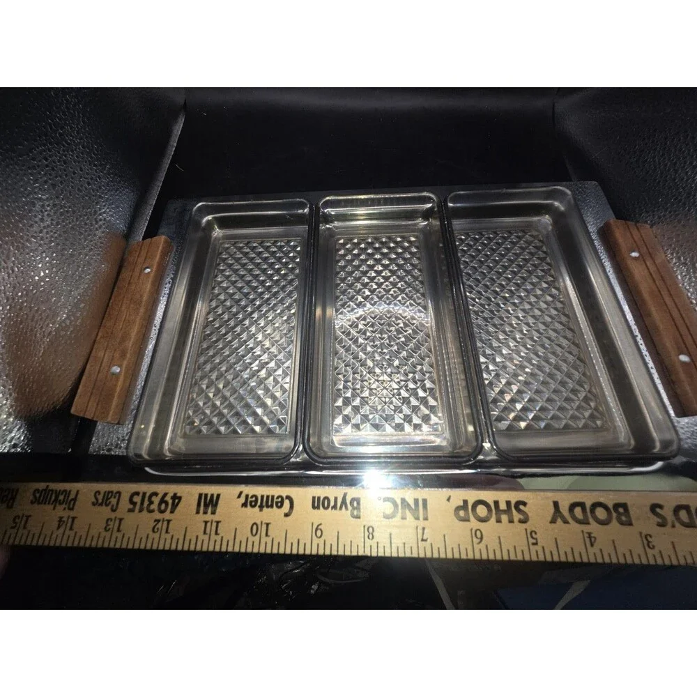 Vintage  Kromex  MCM  Party Platter Appetizer Tray Removable Trays Teak Wood